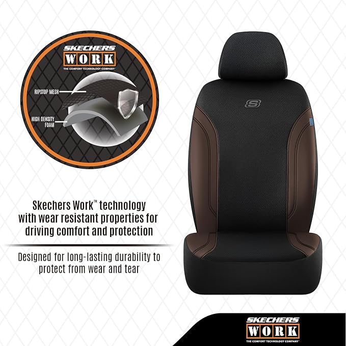 Skechers Work Seat Covers, Leather Car Seat Covers 5-Times Stronger Built-in Webbing, Oxford Fabric Front Seat Cover, Airbag Compatible, Automotive Comfort for Cars, Trucks, SUVs,Brown - Image 7