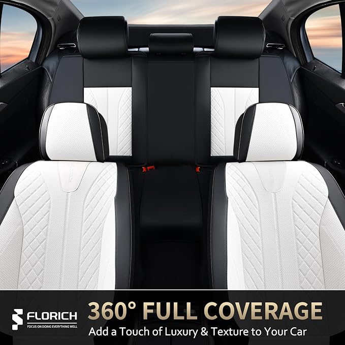FLORICH Seat Covers Full Set Luxury Faux Leather Front and Rear Car Seat Cover Waterproof Automotive Seat Covers 5 Seats Car Seat Protector Universal Fit for Most Cars SUV Trucks, Black&White - Image 7