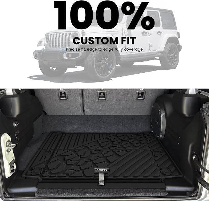 LASFIT Cargo Mat for Jeep Wrangler 4XE 2021-2025 4 Doors with Subwoofer | Plug-in Hybrid EV-Gas (PHEV), All Weather, TPE, Custom Fit, Trunk Mat, Cargo Liner, Black - Image 3