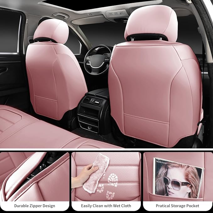 Pink Car Seat Covers Full Set, Universal Faux Leather Seat Covers for Cars 5 Seats, Waterproof Leather Car Seat Covers, Comfortable Automotive Seat Covers for Most Sedans Trucks SUVs - Image 4