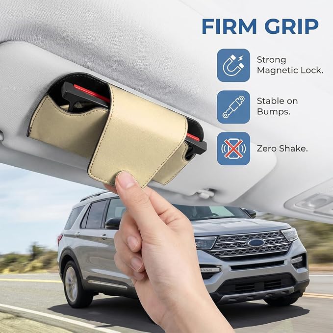 Sunglass Holder for Car Visor, PU Leather Magnetic Vehicle Glasses Organizer Box with Clips, Automotive Interior Eyeglasses Storage Case Accessories, Universal for Most Vehicles (Beige) - Image 4