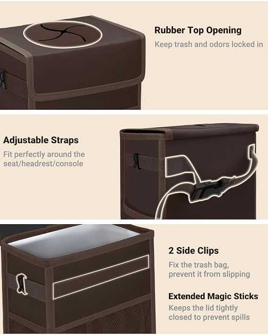 Capolo Car Trash Can with Lid, Leakproof Car Garbage Can Car Trash Bag | Waterproof, Trash Can for Car, 3 Mesh Pockets, Mini Hanging Vehicle Car Trash Bin, for Back/Front Seat (Brown,2.5 Gal) - Image 3