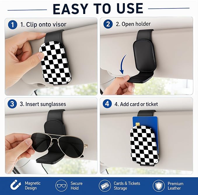Leather Magnetic Sunglass Holder for Car Sun Visor, Cute Eyeglass Ticket Card Hanger Clip, Universal Auto Interior Accessories for SUV Pickup Truck, Black Checkered - Image 5