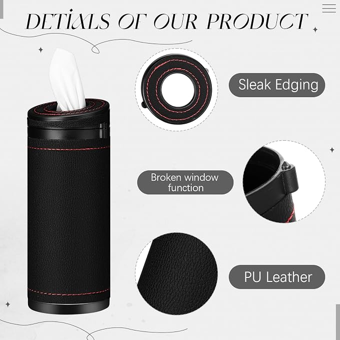 1 Pcs Car Tissues Cylinder Leather Round Container Car Tissues Holder with Tissue Paper with Window Breaker for Vehicle Bathroom Office(Black) - Image 3