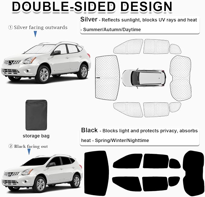 KMF 8pcs Thicken Sun Shades for Nissan Rogue(Not Sport) 2014-2020 Accessories, Full Car Window Covers Sunshade for Windshield Side Rear, UV Block and Privacy Blackout for Car Camping Outdoor - Image 3