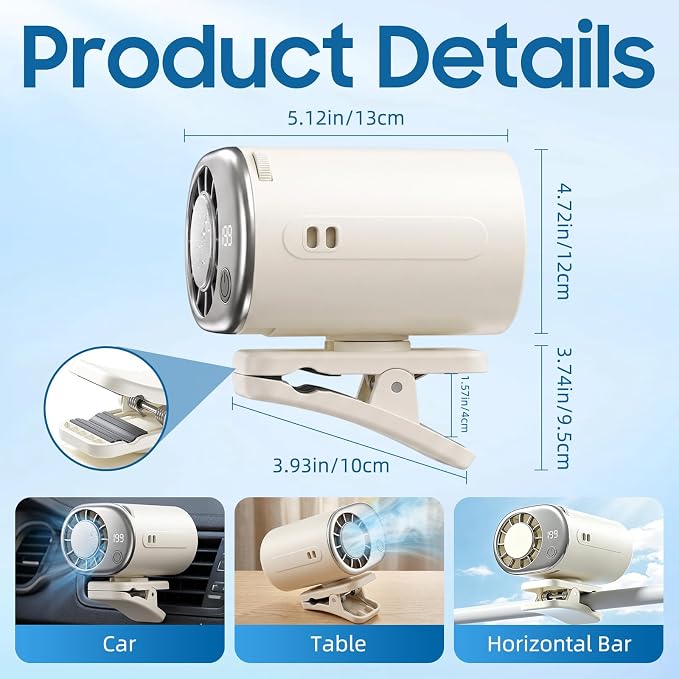 Car Clip on Air Conditioner Fan with LED Display, 360°Rotation, Semi-Cooling Technology, USB Rechargeable Personal Fan, Hands-Free Clip on Fan for Cars, Work, Camping (Off-white) - Image 4