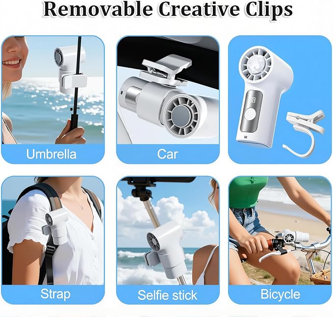 Mini Portable Clip on Fan with LED Display & 6 Wind Speed Levels | Lightweight ABS Clip Fan for Stroller/Office/Camping/Beach - 360° Clamp, Neck Strap, 3000mAh Battery, Semiconductor Cooling - Image 8