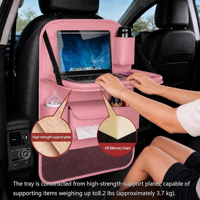 2 Pack Leather Car Backseat Organizer with Foldable Table Tray, Universal Car Seat Back Protector Kick Mat with Touchscreen Tablet Holder, Storage Pockets, Cup Holders & Tissue Holder, Pink - Image 4