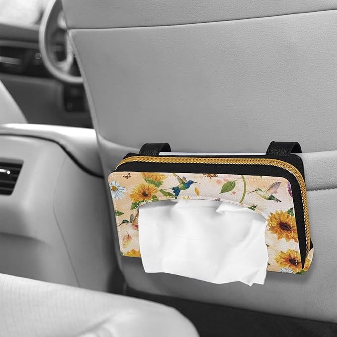 Biyejit Car Tissue Holder, Sunflower Hummingbirds Car Visor Tissue Holder for Car PU Leather Tissue Box Holder for Car Sun Visor & Seat Back - Image 4