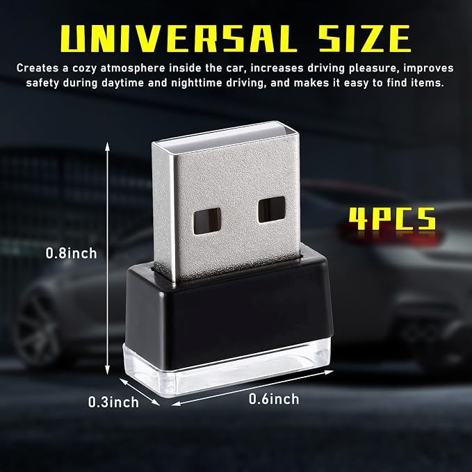 Augeny 4 PCS USB LED Car Interior Atmosphere Lamp, Plug-in USB Decor Night Light, Portable Auto Ambient Lighting Kit, Universal Vehicle Interior Accessories for Most Cars (Yellow) - Image 2