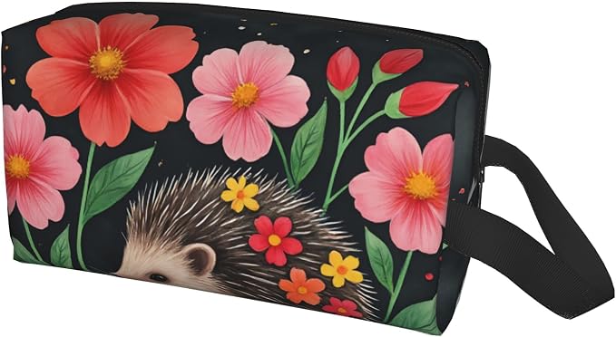flower hedgehog Makeup Bag - Durable 600D Oxford Fabric Travel Cosmetic Bag, Shockproof Foam Padded Toiletry Organizer for Gym & Daily Use 10x6.2x4.9 Inch - Image 2