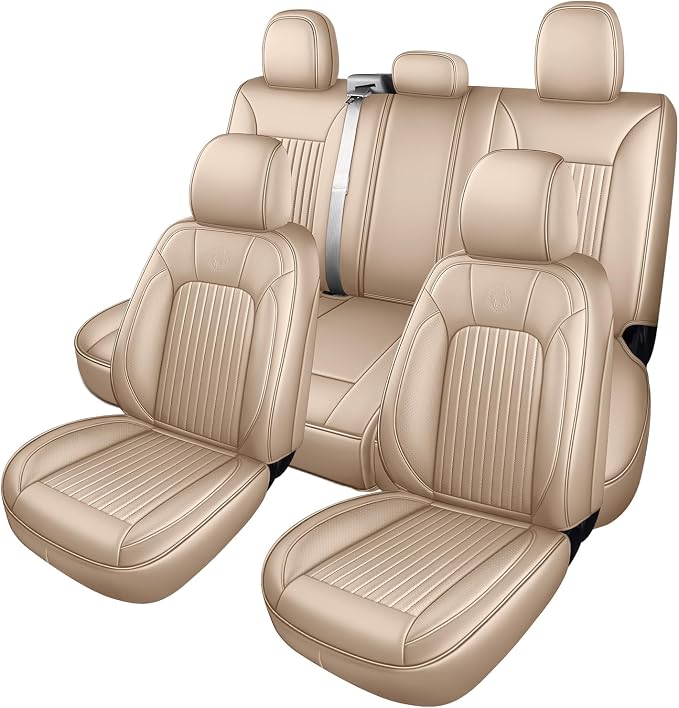 MINGBRON Ford Seat Covers, Leather Pickup Seat Cushion Cover Fit for 2009-2026 Ford F150 SuperCrew & F250 F350 F450 Super Duty Crew Cab XL XLT Lariat King Ranch Platinum(Full Set/Beige) by MINGBRONCARSEATCOVER