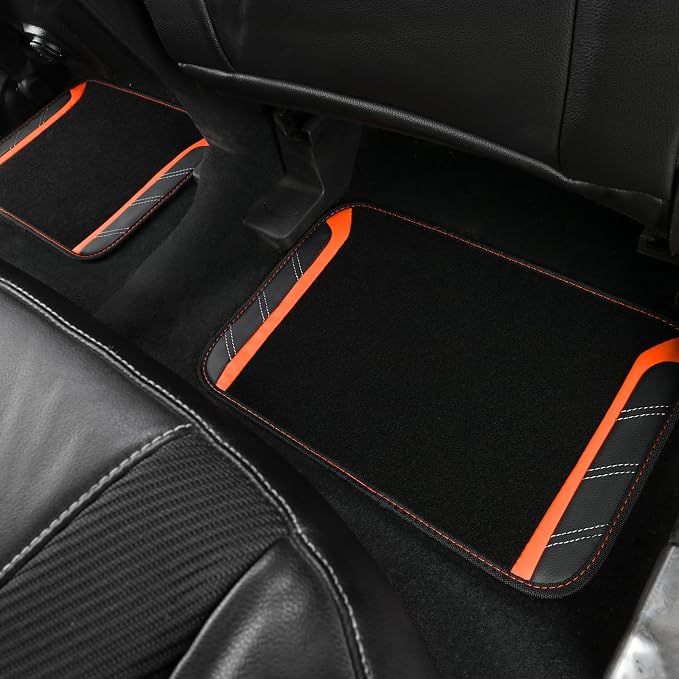 CAR PASS Leather Steering Wheel Cover and Waterproof Car Floor Mats,Microfiber Universal Car Combo Fit for 95% Sedan SUV Van Truck,14.5-15inch Sporty Anti-Slip Safety Comfortable Design, Black＆Orange - Image 8