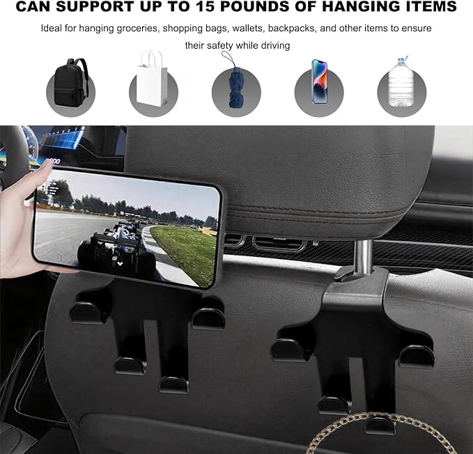 Car Seat Headrest Hooks, 4-in-1 Sturdy Car Seat Back Hanger Multifunctional Hanging Holder, Heavy Duty Auto Storage Hook Organizer for Handbags Purses Coats Grocery Bags - Image 5