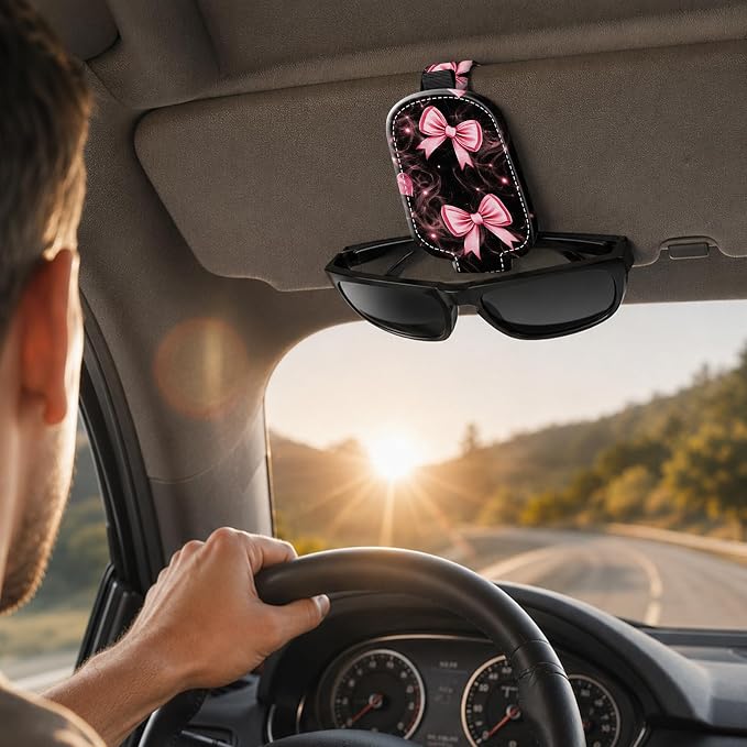 Sunglasses Holder for Car Visor, PU Leather Glasses Clip Organizer, Cute Magnetic Eyeglass Holder for Vehicle Sun Visor, Car Interior Accessory for Women & Men, Pink Ribbon - Image 6