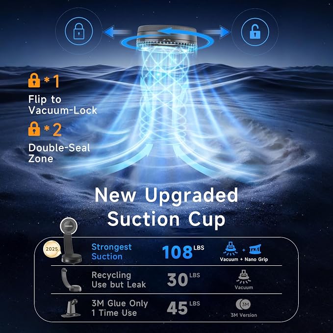 Anti-Shake Vacuum Suction Cup Phone Mount - 108LBS, Magnetic Car Mount, Bendable Car Phone Holder for Windshield Dashboard,Memory Alloy Arm, Car Accessories for iPhone 17/16/15，Texture Black - Image 5