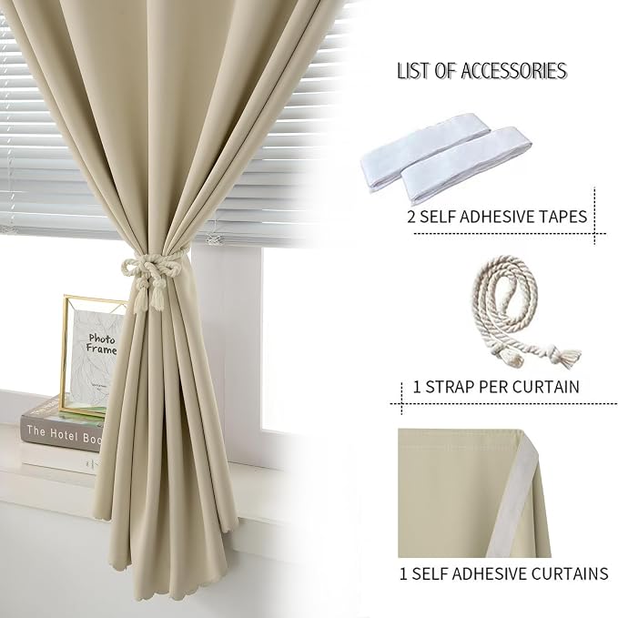 Self Adhesive Portable Blackout Curtains for Bedroom Easy to Install Window Thermal Lnsulated Kitchen Room Darkening Small Window Curtains, Cortinas Para Cuarto, 35"W X 71"L, Beige, 1 Panel - Image 2