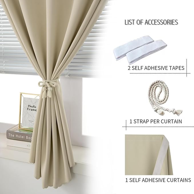 Self Adhesive Portable Blackout Curtains for Bedroom Easy to Install Window Thermal Lnsulated Kitchen Room Darkening Small Window Curtains, Cortinas Para Cuarto, 47"W X 71"L, Beige, 1 Panel - Image 2