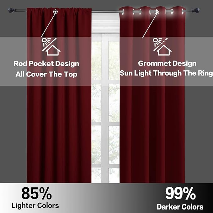 RYB HOME Short Blackout Curtains for Bedroom, Room Darkening Insulated | Rod Pocket, Summer Heat Light UV Blocking, Energy Saving, Drapes for Nursery, W34 x L45, Burgundy Red, 2 Panels - Image 5