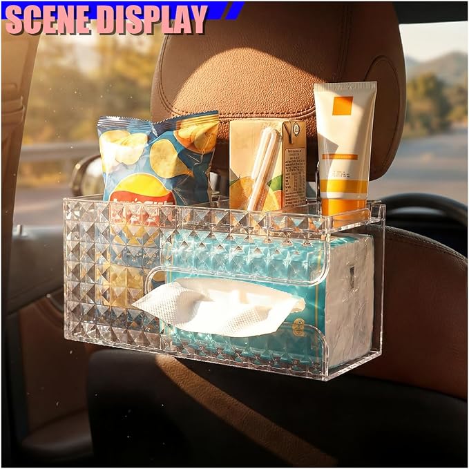 Car Back Seat Organizer, Automotive Drink Cup Holder with Hooks, Multifunctional Tissue Storage Box with Phone Holder, Vehicle Interior Organizer Accessories for Sedan, SUV, Truck (Clear) - Image 3