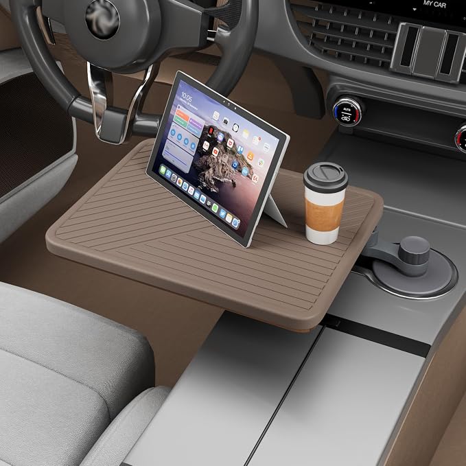 Car Tray & Car Desk for Laptop with Anti-Slip Protective Mat, 360° Rotating Wood Cup Holder Table, Eating Food, Working, Compatible with Tesla Model Y/3/S, Ford F150/Explorer/Maverick & Most Vehicles - Image 9