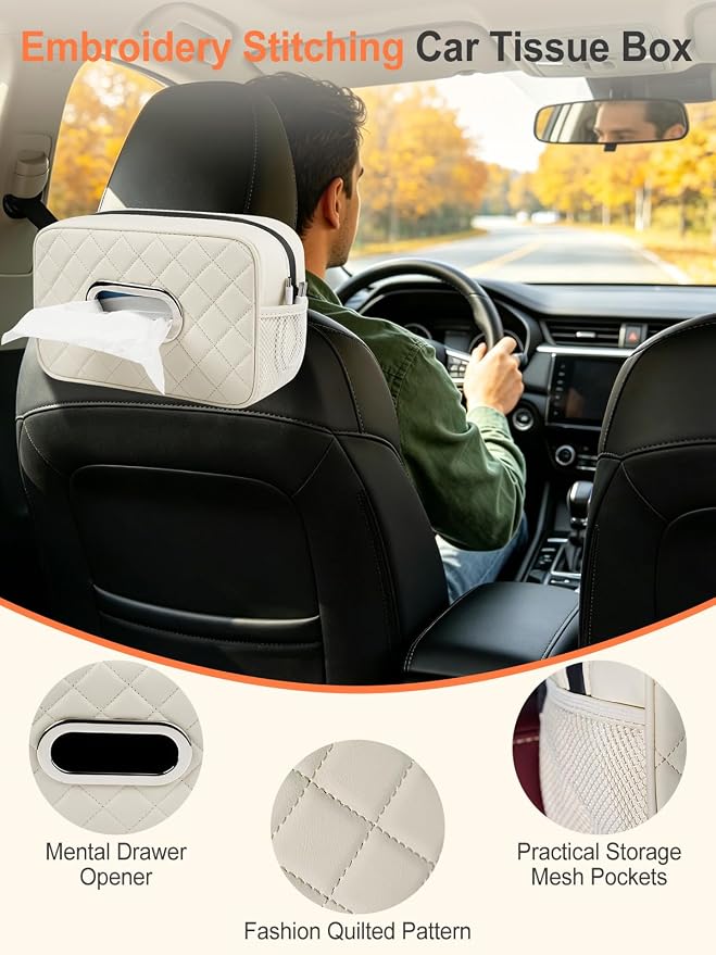 Multi-functional Car Tissue Holder with ‌2 Tuck Nets, Tissue Box Cover | Diamond Pattern, Upgraded PU Leather, Large Rectangle,White Napkin Storage Organizer, Keep Car Tidy - Image 6