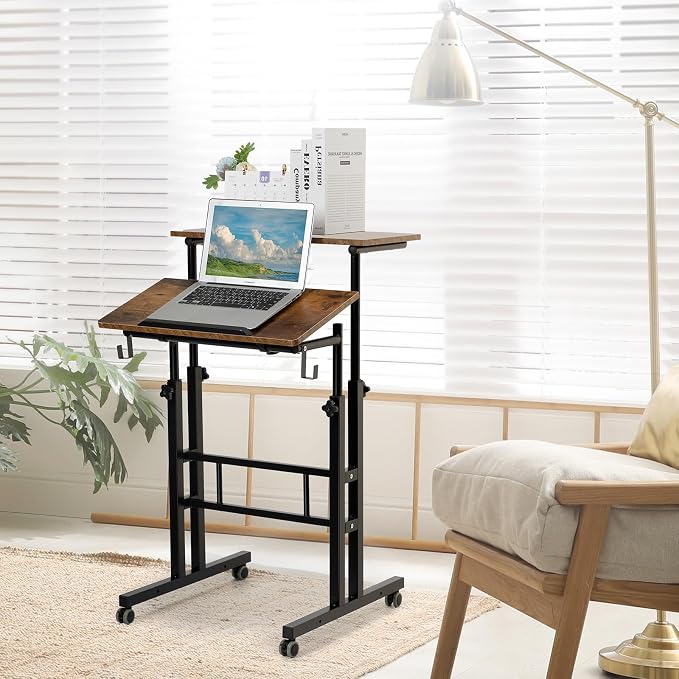 SIDUCAL Mobile Standing Desk, Portable Stand Up Desk, Small Adjustable Converter with Wheels Home Office Workstation, Rolling Laptop Cart for Sitting, Rustic Brown - Image 2