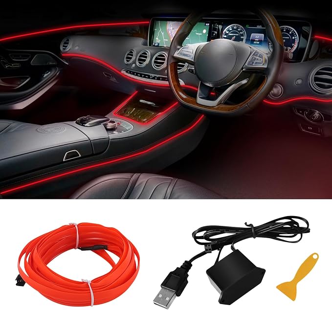 EL Wire Interior Car LED Strip Lights, 16.4FT RGB USB Neon Automotive Light Strip, Electroluminescent Vehicle Ambient Lighting Kit, Interior Decoration Car Accessories (Red) by Hbxdeco