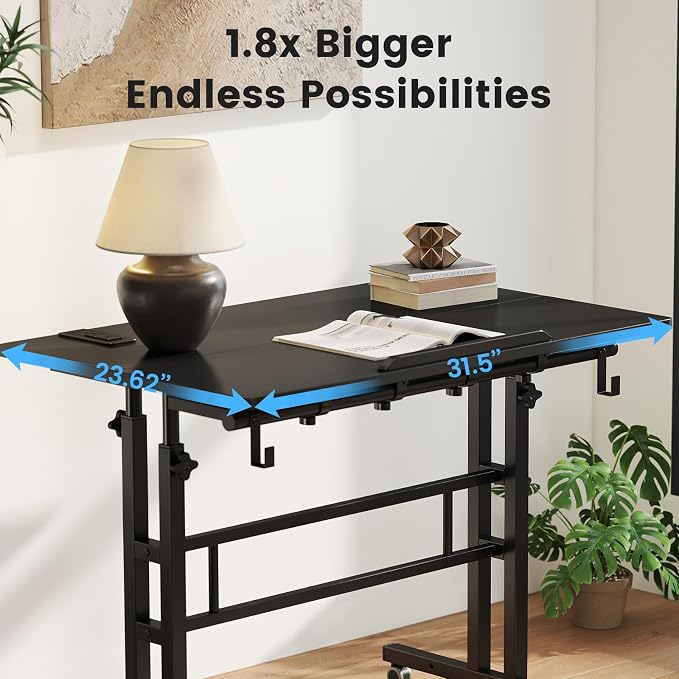 SIDUCAL Portable Standing Desk Adjustable Height, Rolling Computer Desk on Wheels, Mobile Home Office Workstation with USB Ports and Outlets, Laptop Cart for Standing or Sitting, 31.5" x 23.6" Black - Image 7