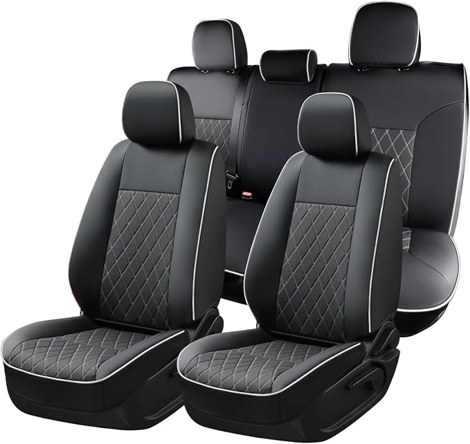 Coverado Tacoma Seat Covers Full Set, Faux Leather Seat Covers Custom Fit for 2016-2023 Toyota Tacoma Double/Crew Cab Base Prerunner SR5 Limited TRD Sport Interior Covers (White Line) by COVERADOAUTO