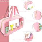 Chenille Letter Clear Makeup Bag Stuff Patch, Travel Toiletry Makeup Bag with Handle, Nylon Waterproof Makeup Bags clear cosmetic bag, preppy patch makeup bag for Women (STUFF-Pink) - Image 3