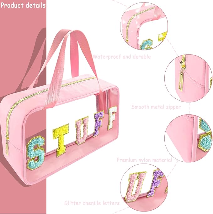 Chenille Letter Clear Makeup Bag Stuff Patch, Travel Toiletry Makeup Bag with Handle, Nylon Waterproof Makeup Bags clear cosmetic bag, preppy patch makeup bag for Women (STUFF-Pink) - Image 3