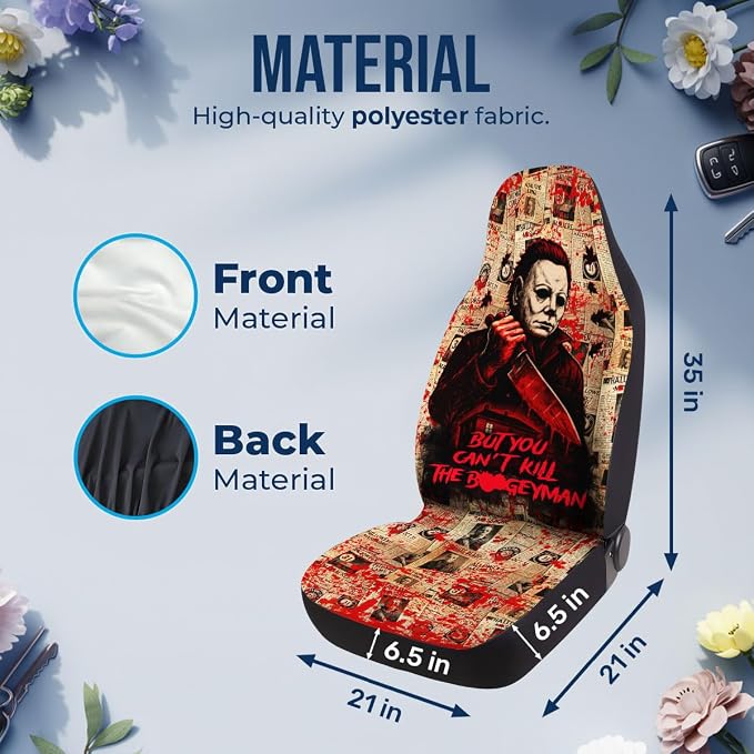 GENANY White Horror Mask Car Seat Covers, 2-Piece Front Seat Set | 2-piece polyester front seat cover set, each 49.5 x 19.6 inches, with adjustable straps and hooks - Image 4