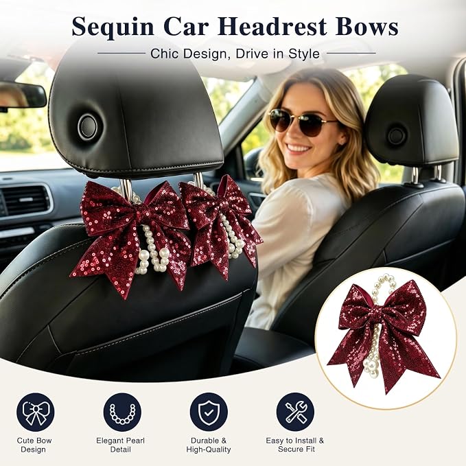 2 Pack Pearl Car Seat Headrest Hook with Bow & Sequin/Leopard/Polka Dot Design – Cute Purse Hanger for Vehicle,Grocery Bags, Umbrellas, Seat Back Organizer for Women (Red Sequins) - Image 2