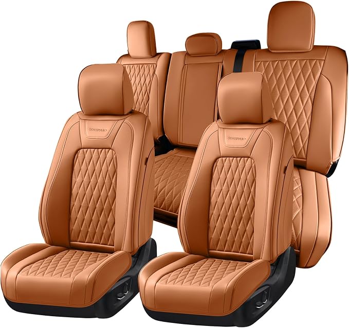 Coverado Premium Leather Full Set Seat Covers Waterproof Heavy-Duty Protectors Custom Fit for Ford F150 (2015-2026) F250/F350/F450 (2017-2026)-Orange, Stain-Resistant by COVERADOAUTO