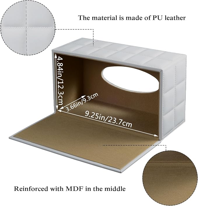 Tissue Box Cover Rectangle Tissue Box Holder PU Leather Facial Organizer with Magnetic Bottom,Decorative Napkin Caddy for Vanity Dresser Night Stand Table Countertop Home Office Car,White - Image 3