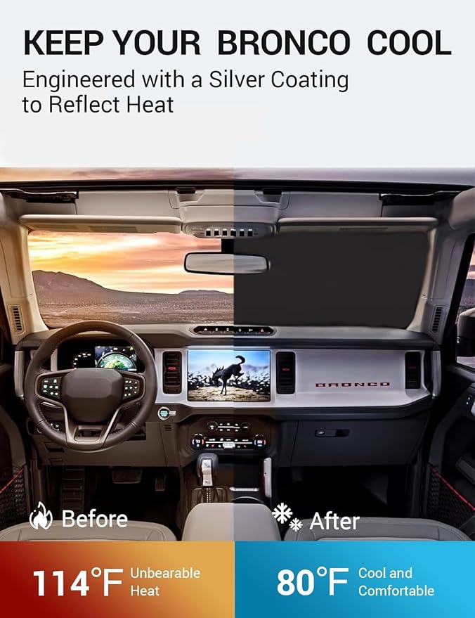 Proadsy Custom Fit 2021-2026 Ford Bronco Windshield Sun Shade, Blocks Heat | 240T Heat Shield, Drops Temp 54°F, Blocks 99% UV, Prevents Dashboard Cracking, Summer Parking & Beach Trips, Easy Twist-Fold - Image 3