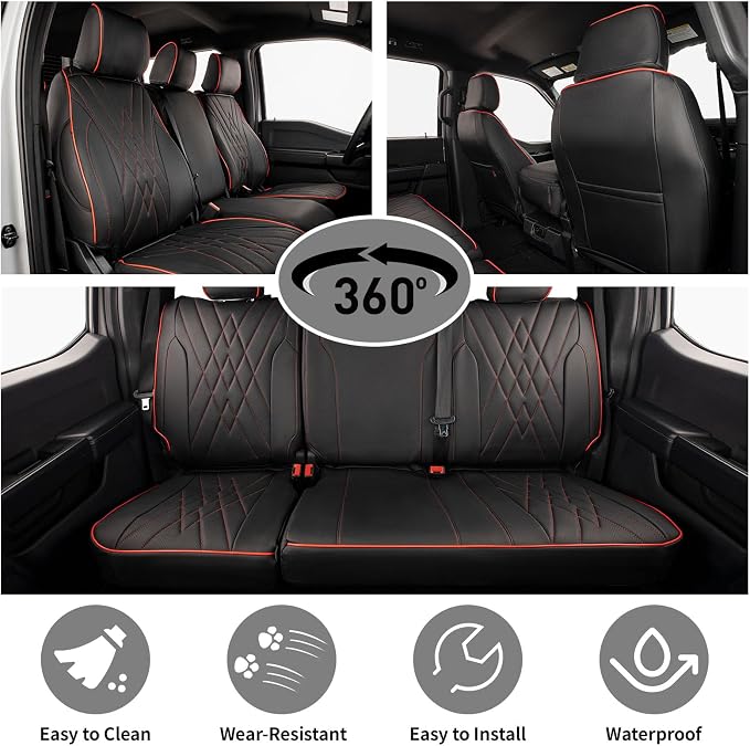 EKR F150 Seat Covers Custom Fit for (4 Door,SuperCrew) Ford F-150 Lariat 2021 2022 2023 2024 2025 2026 & F-150 (Lightning) Lariat 2022-2025 -Faux Leather(Black with Red Trim) - Image 4