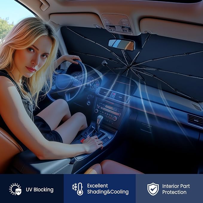 Pleneal Windshield Sun Shade Umbrella, 55" x 31" Foldable Car Sun Shade | 55" x 31", Titanium Silver Reflective Material, Bendable Shaft, High Tenacity Ribs, One-piece Opening Design, Storage Bag - Image 8