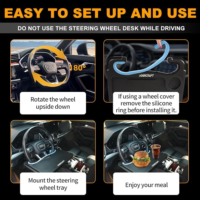 2 in 1 Car Steering Wheel Desk - Tray for Laptop Car Mount with Pen Holder, Car Food Tray with Anti-Slip Silicone Ring for Eating & Work - Portable Bag Included - Image 6