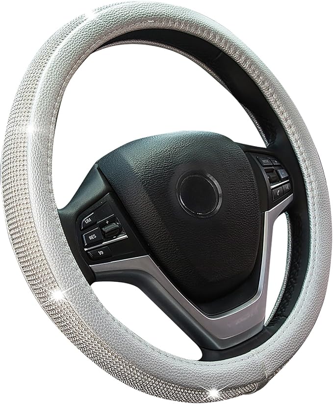 New Diamond Leather Steering Wheel Cover with Bling Crystal Rhinestones | Universal Fit 15 Inch Car Wheel Protector for Women Girls Silver by ChuLian
