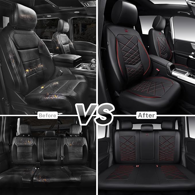 CAR PASS Luxury Nappa Leather Seat Covers Full Set, Water Resistant Faux Leather Seat Cover with Lumbar Support, Breathable Automotive Seat Covers Universal Fit for Sedan SUV Van Truck, Black Red - Image 7