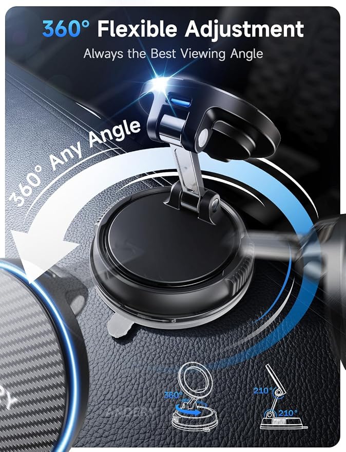 ANDERY Only for iPhone Magsafe Car Mount Charger, 15W Fast Wireless Charge | [78+LBS Strong Suction & 2400gf Magnetic] 360° Adjustable Car Mount Phone Holder, Car Interior Accessory with Dashboard Pad - Image 5