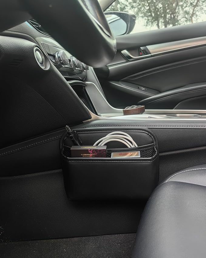 Car Seat Side Pocket Organizer for Car Doors and Consoles, Off-Black | Reusable Adhesive Car Storage Bag, Holds phones keys wallet sunglass etc, Suitable for all vehicles, PU Leather - Image 4