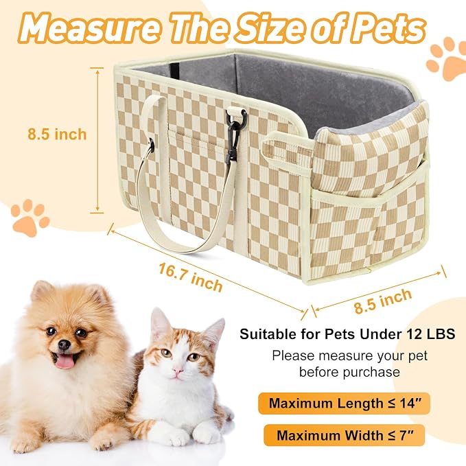 Console Dog Car Seat for Small Dogs, Foldable Booster Seat, Khaki Checkered | Portable Booster Seat Sits On Car Console/ Armrest. Foldable for Easy Storage. for Center Console, Easy To Clean. - Image 2