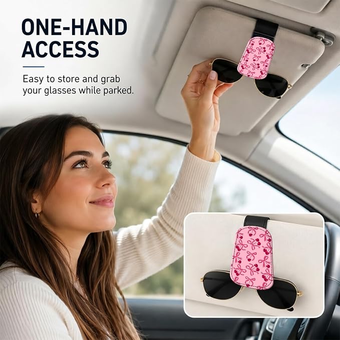 Leather Magnetic Sunglass Holder for Car Sun Visor, Cute Eyeglass Ticket Card Hanger Clip, Universal Auto Interior Accessories for SUV Pickup Truck, Pink Bow - Image 2