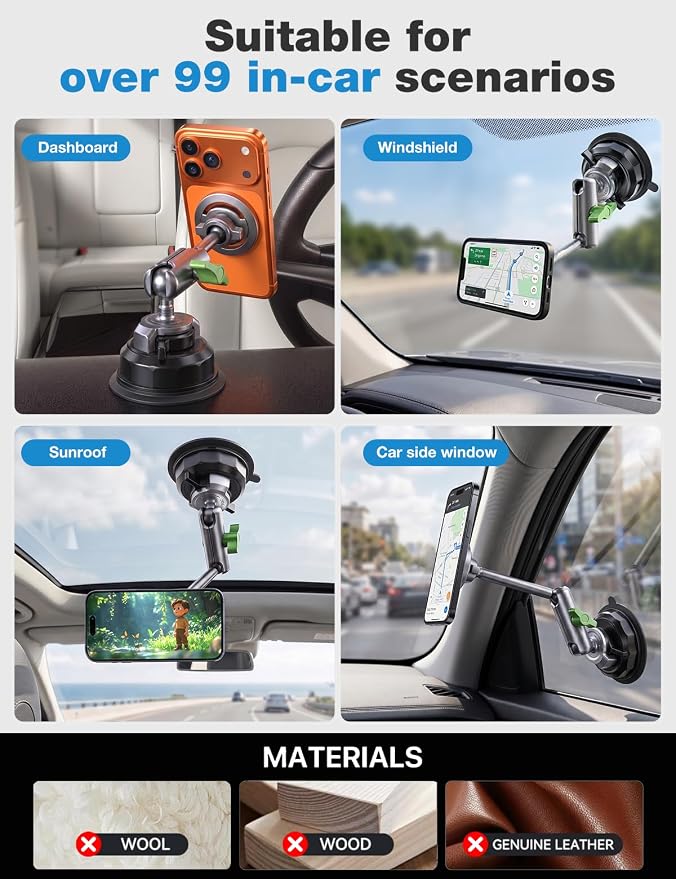 miracase Heavy Duty Aluminum Alloy Car Phone Holder for Magsafe, CNC Machined Metal Arm w/Friction Lock Joint & Large Vacuum Suction Cup, 360° Rotatable Windshield Holder for iPhone & All Smartphones - Image 4