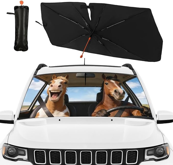 Horse Car Windshield Sun Shade Umbrella Bendable Handle Foldable Funny Horse Animal Driving Sunshade for Car Windshield Block UV Rays Keep Vehicle Cool for Most Sedans SUV Trucks 57"x30" - Image 6
