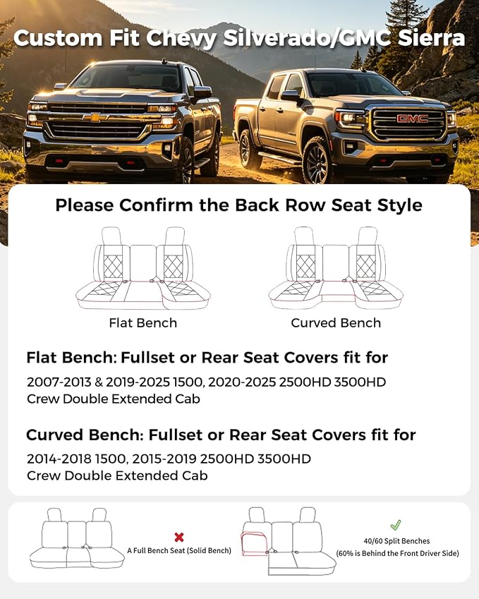Huidasource Fit for GMC Sierra/Chevy Silverado Rear Seat Cover, Thickened Split Nappa Leather Truck Back Seat Cover 2007-2013&2019-2026 1500, 2020-2026 2500HD 3500HD Crew Cab WT LS LT, Black＆White - Image 2