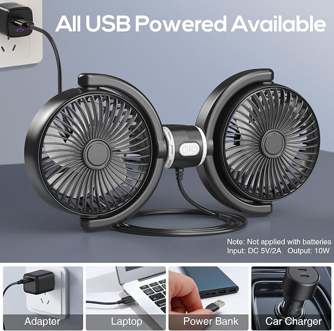 Trustnice USB Car Fan for Backseat for Kids, Dual Head Car Seat Fan Independently Controlled 360° Rotatable Powerful 3-Speed Vehicle rear headrest Air Circulation Cooling Fans for SUV Truck Sedan - Image 7